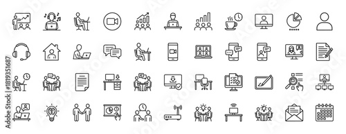 Business line icon set. Vector pictograms of laptop users, video calls, online meetings, chat, documents, graphs, presentations, and remote work, thin linear illustration.