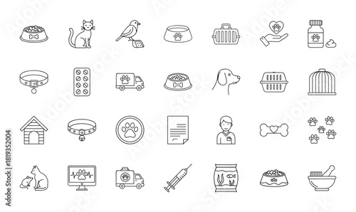 Pet care line icon set. Vector pictograms of pet food bowls, animal carriers, paw prints, collars, cats, dogs, birds, and veterinary supplies, thin linear illustration.