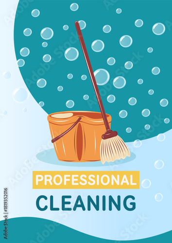 Cleaning service vector flyer with cleaning equipment. Bucket and mop for professional cleaning and home cleaning. Design for banners and posters for marketing campaigns of cleaning companies.