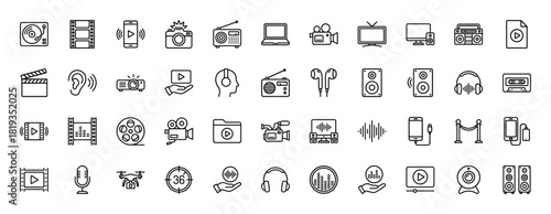 Media and entertainment line icon set. Vector pictograms of video camera, smartphone, film strip, radio, turntable, headphones, speakers, and microphone, thin linear illustration.