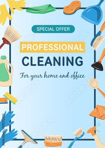 Cleaning service vector banner with cleaning equipment. Cleaning tools. Perfect for promoting posters and flares of professional companies offer.