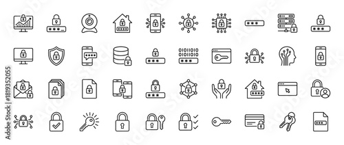 Cyber security line icon set. Vector pictograms of padlock, key, shield, server, database, smartphone, monitor, document, password, email, thin linear illustration.