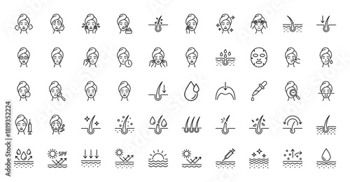 Skincare line icon set. Vector pictograms of facial treatments, hair health, hydration, SPF protection, and cosmetic procedures, thin linear illustration.