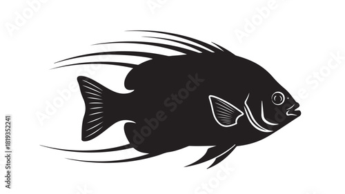 Elegant black silhouette of a beautiful tropical fish swimming gracefully, perfect for minimalist designs, striking logos, and captivating nautical themes, adding an exotic touch