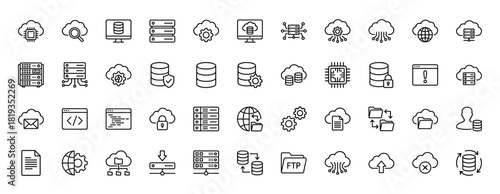 Information technology and data management line icon set. Vector pictograms of cloud, server, database, CPU, monitor, globe, folder, file, user, security, and networking, thin linear illustration.