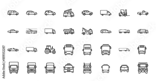 Transportation line icon set. Vector pictograms of various cars, trucks, buses, vans, and specialty vehicles, thin linear illustration.