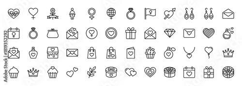Love and romance line icon set. Vector pictograms of hearts, rings, gifts, flowers, envelopes, perfume, cupcakes, and crowns, thin linear illustration.