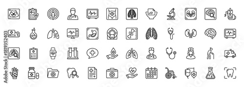 Medical line icon set. Vector pictograms of patient, chart, ribs, ultrasound, doctor, microscope, MRI, stethoscope, lungs, brain, ambulance, medication, wheelchair, heart, thin linear illustration.