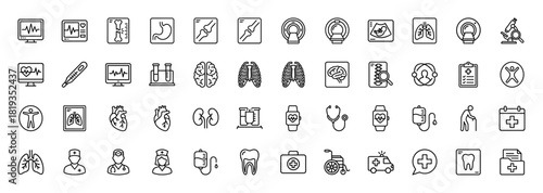 Medical line icon set. Vector pictograms of ECG monitors, MRI scanners, thermometers, human organs, doctors, nurses, ambulances, and wheelchairs, thin linear illustration.