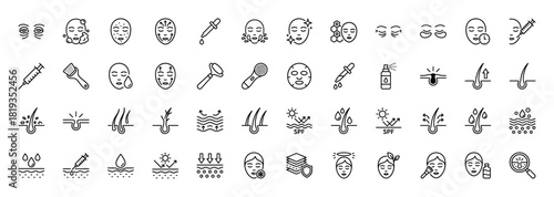 Skincare and beauty line icon set. Vector pictograms of face washing, dermaroller, droppers, syringes, face masks, SPF, hair follicles, and skin layers, thin linear illustration.