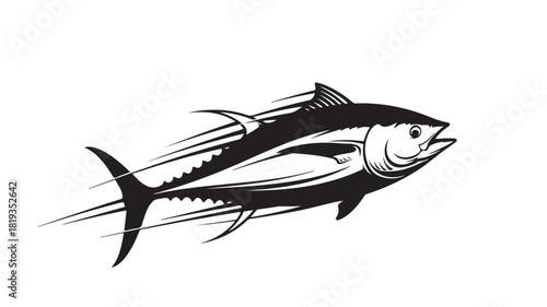 Striking black and white tuna illustration perfect for seafood restaurant branding and fishing themed designs, showcasing a powerful aquatic creature in motion