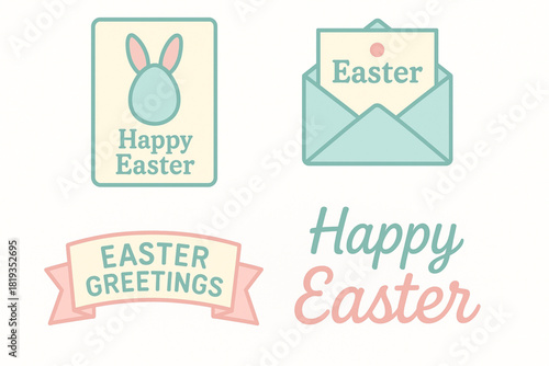 Vector icons of greeting cards envelopes banners and typography with Easter messages pastel flat design white background