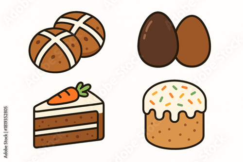 Vector illustrations of hot cross buns chocolate eggs carrot cake and Easter bread clean icon style white background