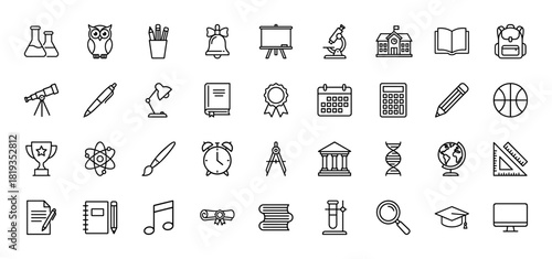 Education and learning line icon set. Vector pictograms of school, blackboard, books, graduation cap, microscope, globe, bell, and diploma, thin linear illustration.