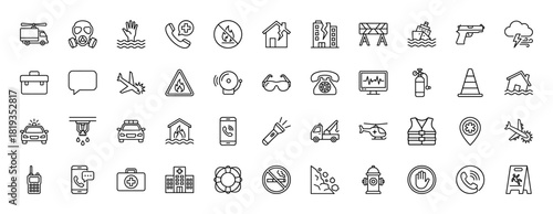 Emergency and safety line icon set. Vector pictograms of gas mask, broken building, plane crash, sinking ship, police car, hospital, lifebuoy, and first aid kit, thin linear illustration.