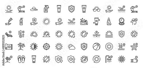 Sun protection and summer line icon set. Vector pictograms of sunscreen, hat, sunglasses, beach, palm tree, UV shield, sunbed, and sun, thin linear illustration.