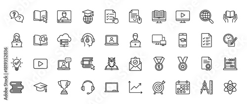 Education and e-learning line icon set. Vector pictograms of online courses, knowledge, video lectures, documents, study, achievements, ideas, and academic tools, thin linear illustration.