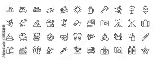 Outdoor adventure, travel, and leisure line icon set. Vector pictograms of kayaking, hiking, skiing, camping, swimming, photography, snorkeling, beach, and mountains, thin linear illustration.