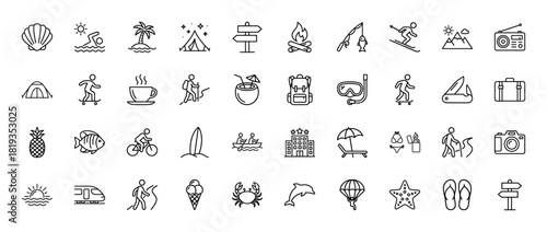Travel and vacation line icon set. Vector pictograms of tent, seashell, palm tree, campfire, fishing, backpack, suitcase, camera, surfboard, dolphin, thin linear illustration.