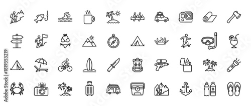 Travel and adventure line icon set. Vector pictograms of palm tree island, canoe, car, hiker, tent, compass, backpack, surfboard, map, and binoculars, thin linear illustration.