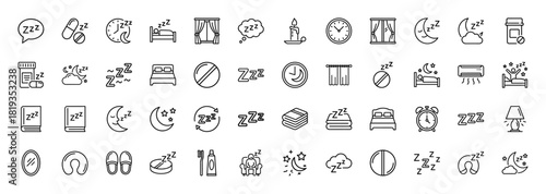 Sleep line icon set. Vector pictograms of a person in bed, clock, moon, stars, medicine, candle, window, and bedtime comfort elements, thin linear illustration.