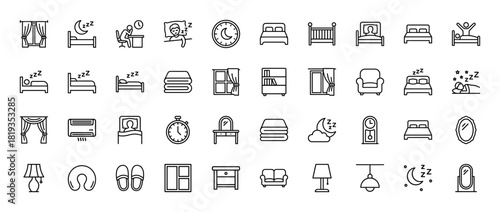 Sleep and bedroom line icon set. Vector pictograms of beds, sleeping figures, windows, clocks, furniture, and lamps, thin linear illustration.