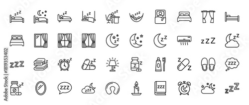 Sleep and relaxation line icon set. Vector pictograms of beds, moon, alarm clocks, windows, pillows, candles, and sleeping persons, thin linear illustration.