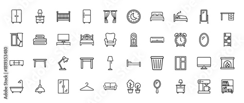 Home furniture and decor line icon set. Vector pictograms of bed, wardrobe, mirror, desk, sofa, clock, refrigerator, and lamps, thin linear illustration.