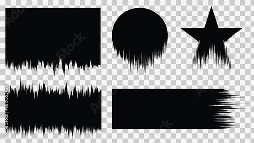 Set of diverse black grunge shapes with distressed edges, including a circle, star, rectangle, and various abstract brush stroke elements