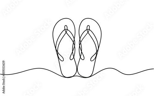 Minimalist line art of flip flops on a sandy beach