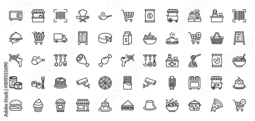 Food and grocery retail line icon set. Vector pictograms of shopping carts, cashier, barcode scanner, chef hat, pizza, sushi, and desserts, thin linear illustration.