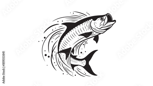 Dynamic black and white illustration of a leaping tarpon, perfect for fishing enthusiasts and marine life designs, conveying action and the spirit of the ocean with artistic flair