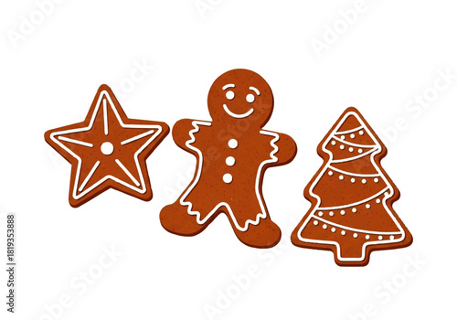 Gingerbread cookies: star, man, and Christmas tree with white icing.