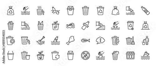 Waste management and recycling line icon set. Vector pictograms of trash bins, garbage bags, plastic waste, water pollution, and garbage trucks, thin linear illustration.
