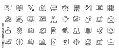 Education and e-learning line icon set. Vector pictograms of computers, books, graduation caps, students, teachers, documents, and network, thin linear illustration.