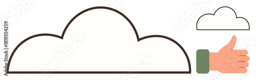 Large cloud outline with a bold line and a thumbs-up gesture. Ideal for positivity, success, approval, cloud technology, computing, eco-friendly ideas, communication. Simple flat metaphor