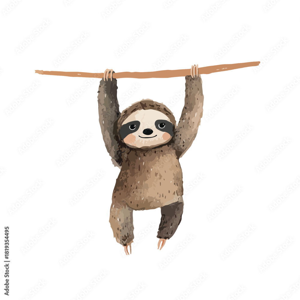 Obraz premium Cute Sloth Hanging on Branch Watercolor Illustration 1.