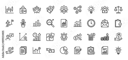 Finance line icon set. Vector pictograms of candlestick chart, financial wallet, investment growth, market analysis, profit graphs, business reports, and wealth management, thin linear illustration.