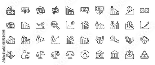 Finance line icon set. Vector pictograms of money, coins, charts, graphs, money bags, scales, wallet, and bank building, thin linear illustration.