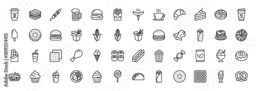 Food and beverage line icon set. Vector pictograms of burger, fries, pizza, hot dog, donut, ice cream, coffee, sushi, tacos, and pancakes, thin linear illustration.