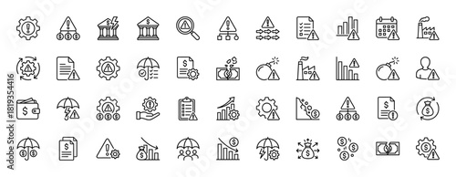 Financial risk management line icon set. Vector pictograms of warning signs, money, graphs, documents, umbrella, bomb, and bank, thin linear illustration.