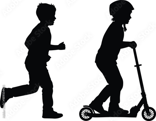 Active Childhood Adventures: Silhouette of Young Boy Running and Girl Wearing a Helmet Riding a Kick Scooter Outdoors, Promoting Healthy Recreation, Movement, and Fun.