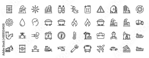 Energy industry and logistics line icon set. Vector pictograms of oil barrels, factories, power plants, fuel trucks, excavators, workers, and transportation, thin linear illustration.
