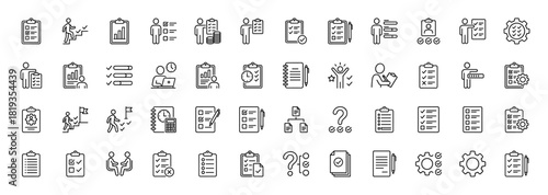 Business and task management line icon set. Vector pictograms of clipboards, checklists, people, gears, charts, documents, notebooks, and goals, thin linear illustration.