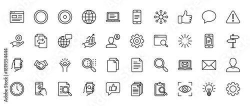 Business technology communication line icon set. Vector pictograms of globe, laptop, smartphone, magnifying glass, document, gear, handshake, graph, user, mail, thin linear illustration.