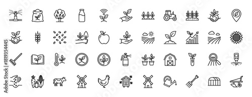 Agriculture line icon set. Vector pictograms of seedlings, tractor, fields, harvest, farm animals, tools, and structures, thin linear illustration.