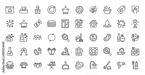 Cleaning and hygiene line icon set. Vector pictograms of bacteria, washing machine, house cleaning, laundry, and personal care items, thin linear illustration.
