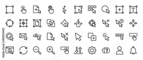 User interface line icon set. Vector pictograms of cursors, hand clicks, resize, text, rotate, file actions, drag, zoom, refresh, downloads, uploads, and settings, thin linear illustration.