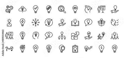 Creative idea and innovation line icon set. Vector pictograms of various lightbulb concepts, brainstorming, strategy, solutions, and thought process, thin linear illustration.