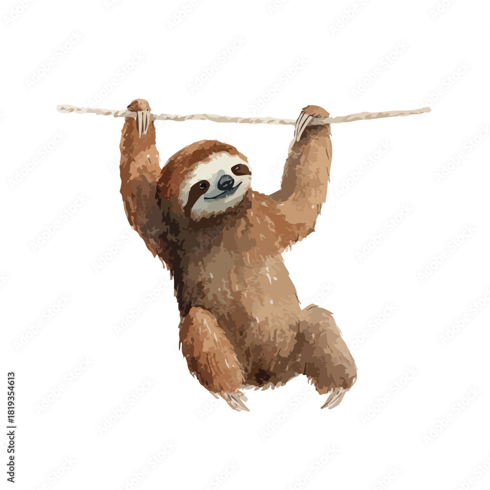 Naklejka premium Cute Sloth Hanging on Rope Illustration Adorable Tropical Animal Art.